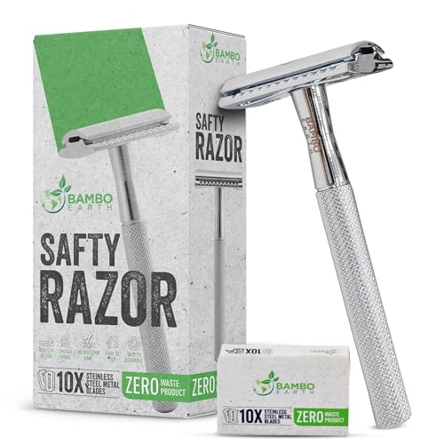 Double Edge Safety Razor - Single Shaving Metal Razors With 10 Platinum Coated Stainless Steel Double Edge Blades Reusable Eco And Travel Friendly Saftey Shaver Blade Set Men Women (Silver, Single)