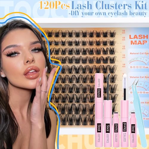 TOOCHUNAG Wispy Lash Clusters Eyelash Extensions Kit 10-18mm D Curly Eyelash Clusters Kit DIY Lash Extension Kit with Waterproof Individual Cluster Lashes, Lash Bond and Seal, Tweezers