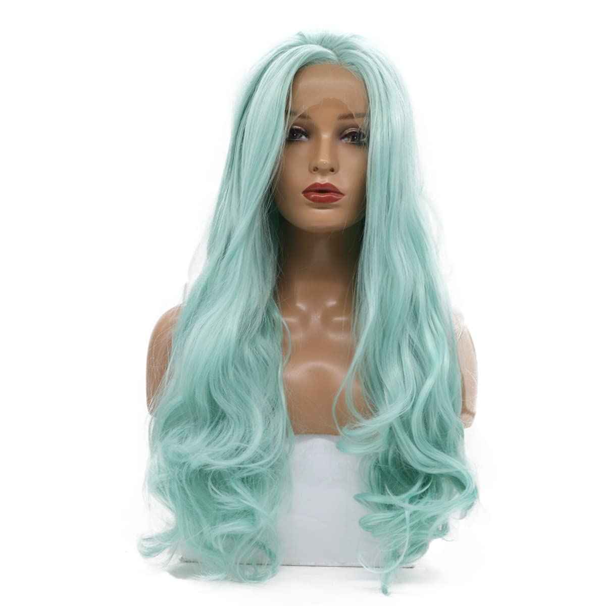 karissa Hair Green Wig Long Wavy Mint Lace Front Wigs Pastel Light Blue Synthetic Realistic Pre Plucked Hairline Glueless Heat Resistant Fiber Replacement Halloween Costume Cosplay Party 24 Inches