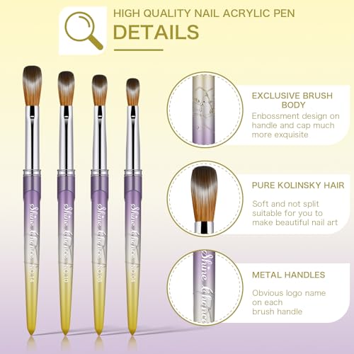 Shine Chance 4Pcs Acrylic Nail Brushes Set - Kolinsky Art & Polish Cleaning Tools, Yellow