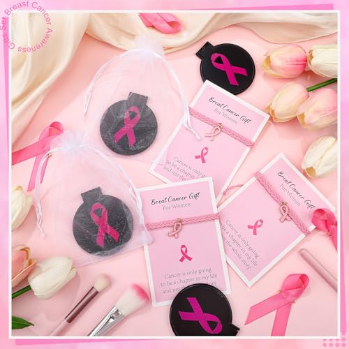 Geetery 72 Pcs Breast Cancer Awareness Gifts Set for Women Compact Folding Mirrors, Pink Ribbon Bracelets, Organza Bags for Breast Cancer Charity Event Survivor Campaign Party Accessories(Black Pink)