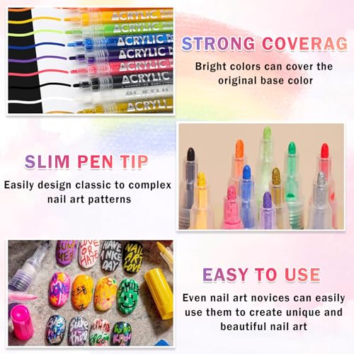 48 Colors Nail Art Pens Set Nail Polish Pens Nail Art Drawing Graffiti Marker Pen Quick Dry Waterproof Nail Art Painting Pens Kit for Home DIY Nail Art Design