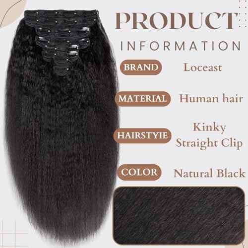 Kinky Straight Clip ins Human Hair Double Weft 8Pcs 120G 4c Yaki Straight Clip Ins Hair Extensions Full Head Brazilian Remy Hair for Women Natural Black(18inch)