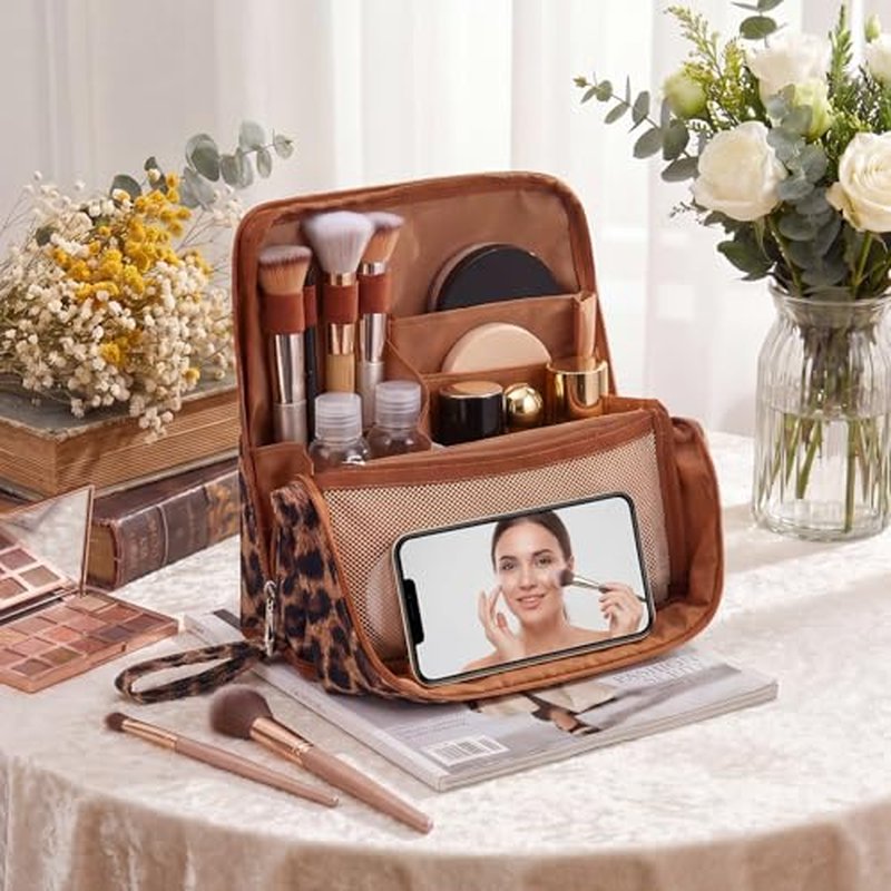 Leopard Print Standing Makeup Bag - Large Capacity & Waterproof