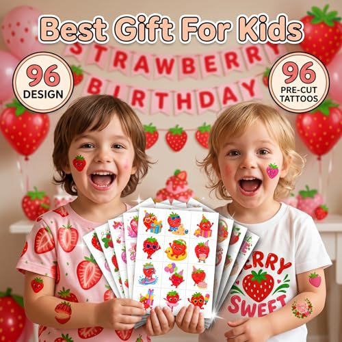 96 PCS Strawberry Temporary Tattoos for Kids | Waterproof