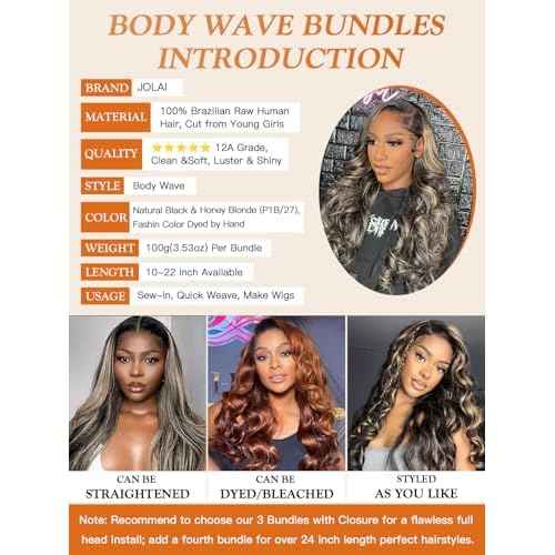 P1b/27 Human Hair Bundles Body Wave 2x6 Closure with Bundles 16 18 20+14 Inch, Honey Blonde Highlight Loose Wave Weave 12A Black Balayage Bundles with 2x6 Lace Sew In Closure