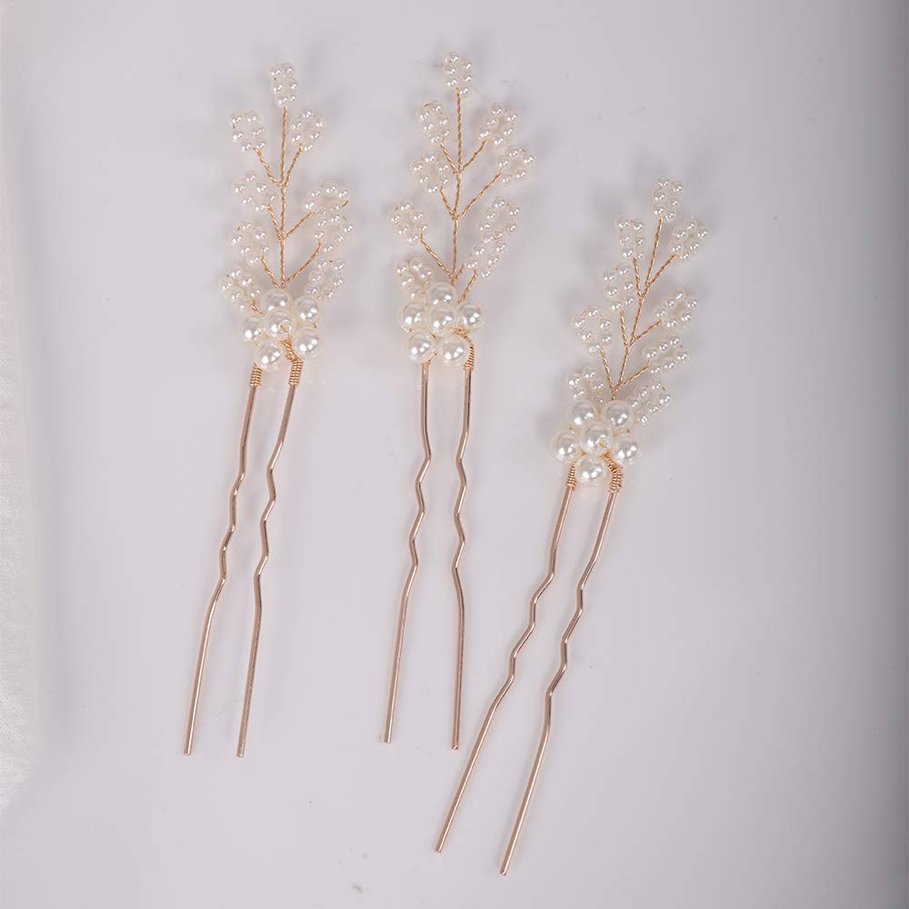 YERTTER 3Pcs Pearl Floral Bridal Hair Pins Wedding Decorative Clips Bun Accessories for Brides and Bridesmaids (Gold)