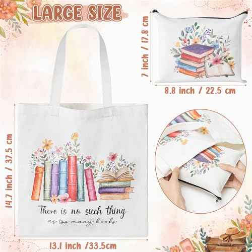 Y1tvei Aesthetic Canvas Tote Bag - 2Pcs Colorful Reading Canvas Cosmetic Bag Set There Is No Such Thing As Too Many Books Tote Bag Makeup Reusable Grocery Bags Black to School Gift for Women Girls