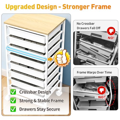 White SUNALLY 8-Drawer Rolling Cart for Craft Storage with Wooden Top