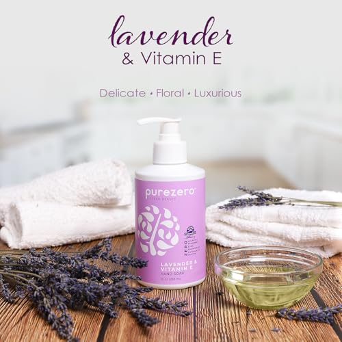 Purezero Lavender & Vitamin E Hand Soap Soothing & Hydrating, Paraben-Free & Vegan Liquid Hand Wash for Bathroom or Kitchen, USA-Made, Cruelty-Free, 10 ounces (3 Pack)