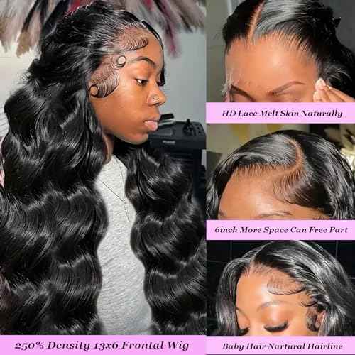 13x6 HD Frontal Wig 250 Density HD Lace Front Wigs Human Hair Pre Plucked with Baby Hair Brazilian Virgin Hair Glueless Body Wave Wig 26 Inch Transparent Lace Front Wigs Human Hair Natural Black