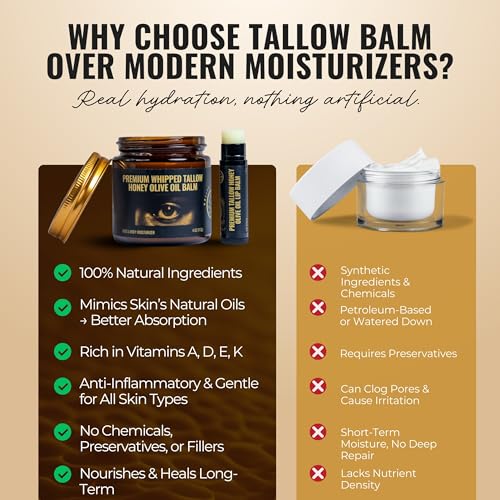 Beef Tallow and Honey Balm for Skin and Face Moisturizer Whipped with Olive Oil and Beef Tallow Lipbalm - 4oz