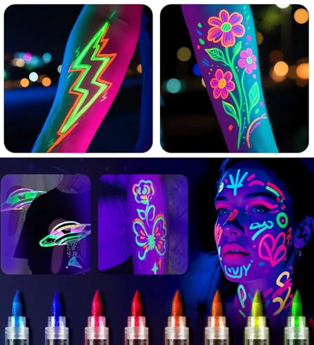 UV Glow Face Paint Markers - 8 Pack Neon Black Light Body Art Pens