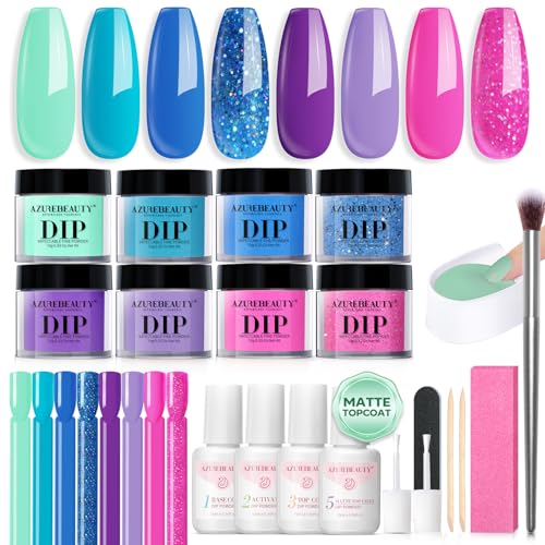 AZUREBEAUTY Dip Powder Nail Starter Kit - 8 Colors with Matte Coat