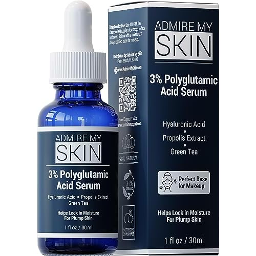 Admire My Skin Organic Polyglutamic Acid Facial Serum - Powerful Hydration & Anti Aging + Hyaluronic Acid + Propolis 1oz