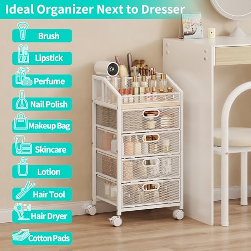 HapiRm White Rolling Makeup Cart Organizer with 5 Sections & Mesh Drawers