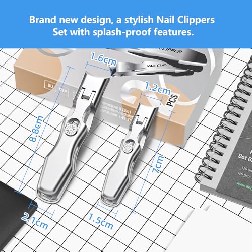 Nail Clippers Set, INXEN 2Pcs Wide Jaw Opening No Splash Fingernail Clipper with Catcher,German Toe Nail Clippers for Thick Nails for Seniors, Stainless Steel Travel Nail Kit Nail Cutter for Adult