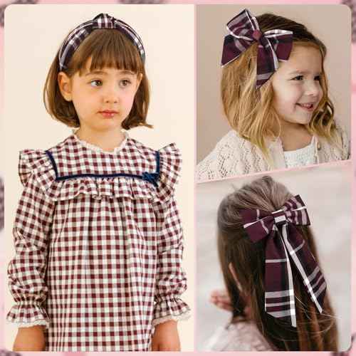 DEEKA 5 Styles Uniform Plaid Long Tail Hair Bows Knotted Headband Scrunchies Bow Set Alligator Clips Back to School Accessories for Toddler Little School Girls (Burgundy 5 Styles)