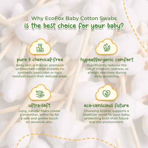 EcoFox Baby Cotton Swabs 220 Count - Bamboo & Pure Cotton