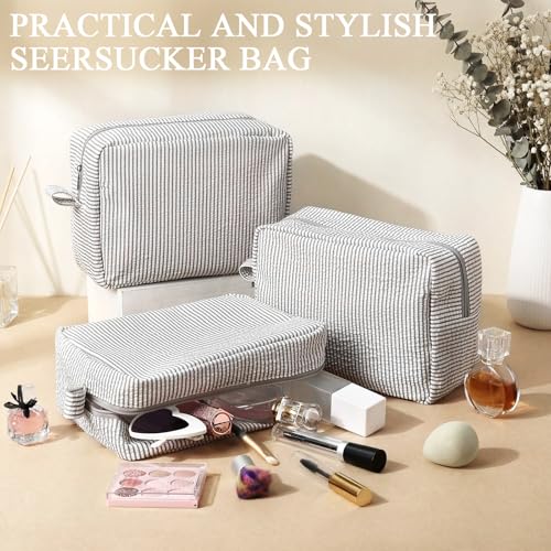 Sanwuta 3-Piece Seersucker Makeup Bags - Travel Toiletry Organizer