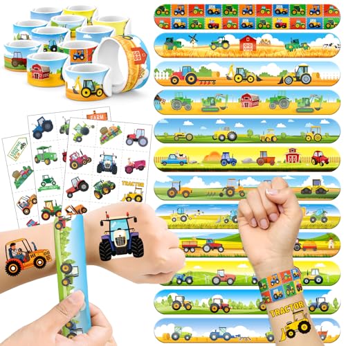 60-Piece Tractor Party Favors Set: 36 Tattoos & 24 Slap Bracelets