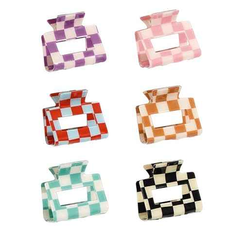 Small Checkered Multicolored Rectangle Y2K Hair Claw Clips - 6 Pcs Strong Hold Hair Accessories for Thin & Thick Hair