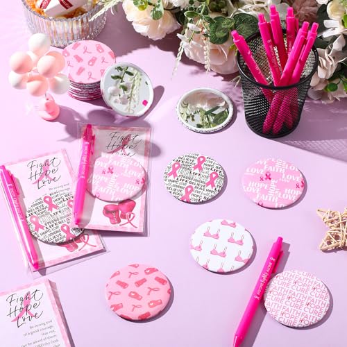 Pinkunn 100 Sets Breast Cancer Awareness Accessories Bulk Breast Cancer Gift for Women Compact Mirrors with Pink Ribbon Boxing Glove Design, Ballpoint Pens, Motivational Cards Charity Party Favors