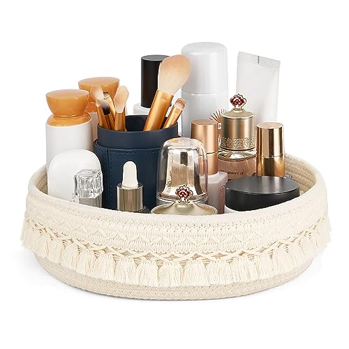Mkono Macrame Makeup Storage Basket, Hand-Woven Ivory 11"
