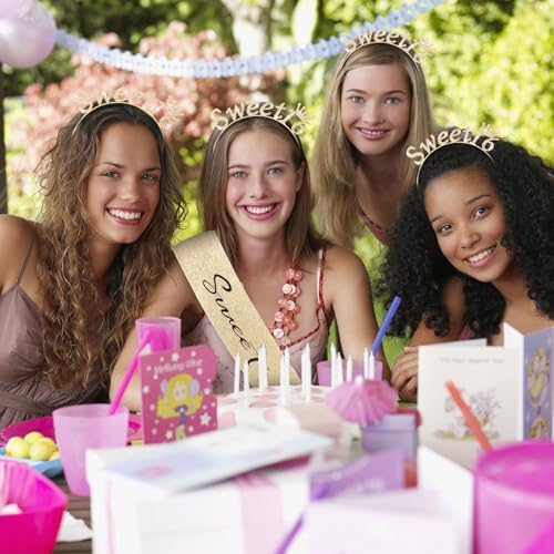 CAVETEE Sweet 16 Party Decorations, Gold Sweet 16 Sash and Crown 16th Birthday Crown for Girls 16th Happy Birthday Party Decorations