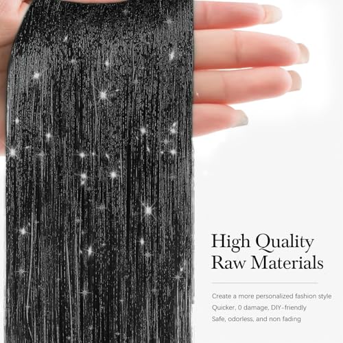 Hair Tinsel Extensions - 8 Packs, 1600 Strands, 50 Inch Black