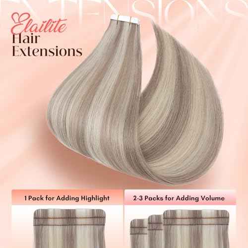 Elailite Tape in Hair Extensions Human Hair Thick Real Remy Hairpieces Ash Blonde & Bleach Blonde 16 Inch 50g 20pcs Straight Invisible Seamless Skin Weft Best Tape for Women