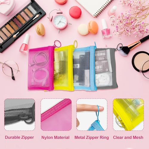 Mini Mesh Makeup Bags 4 Pack - Small Clear Nylon Cosmetic Pouches with Zipper - CarryEpic