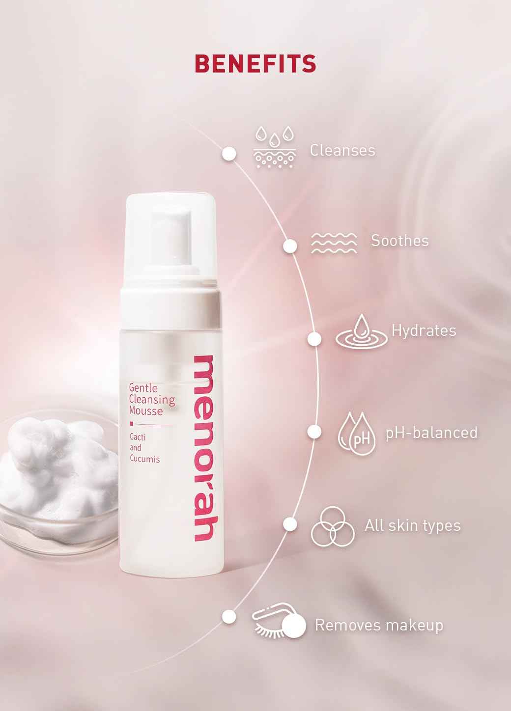 menorah Gentle Cleansing Mousse – Hydrating pH-Balanced Face Wash with Cactus & Cucumber Extracts, Soothing Daily Cleanser for Sensitive & Dry Skin