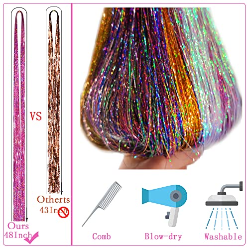 Fairy Hair Tinsel Kit with Tools 48 Inch Heat Resistant Safe 12 Colors Glitter Tinsel Hair Extensions 3200 strands (12 Colors, 3200 Strands)