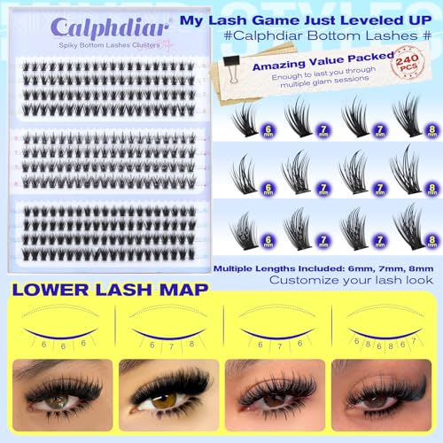 Spiky Bottom Lashes Individual Thick Volume Bottom Lash Clusters Manga Lower Eyelash Extensions 6-8MM Wispy Bottom Cluster Lashes 240pcs DIY Bottom Lash Extension at Home by calphdiar