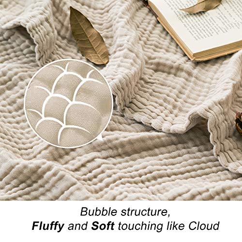 EMME Cotton Bed Blanket Soft Muslin Boho Bedding Lightweight Breathable Twin Blanket All Season Gauze Blanket, Light Tan