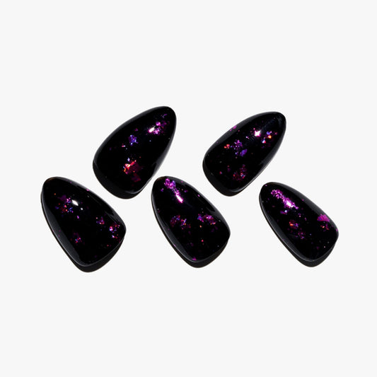 GLAMERMAID Press on Nails Short Almond,Handmade Black and Purple Glitter False Nails with Design,Gel Glue on Nails Reusable Full Cover Manicure Set for Women