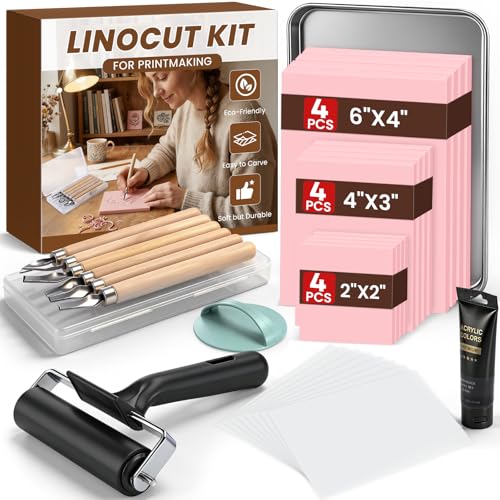 Linocut Kit for Beginners - 12 Linoleum Blocks, 6 Carving Tools & Ink