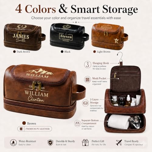 Custom Engraved Leather Dopp Kit for Men | Personalized Toiletry Bag