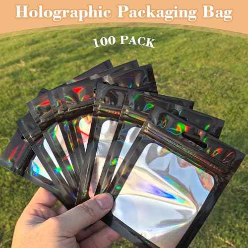 202pcs Press on Nail Packaging Bag, 100pcs Empty Holographic Nail Storage Bag and 100pcs Instruction&Display Black Cardboard with 2 Roll Transparent Tape for Nail Display Profession Salon (Black, 100)