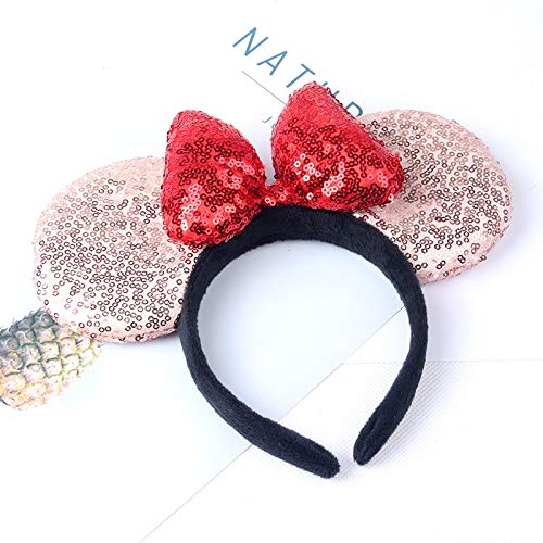 A Miaow 3D Black Mouse Sequin Ears Headband MM Glitter Butterfly Hair Clasp Park Supply Adults Women Photo Accessory (Champagne and Red)