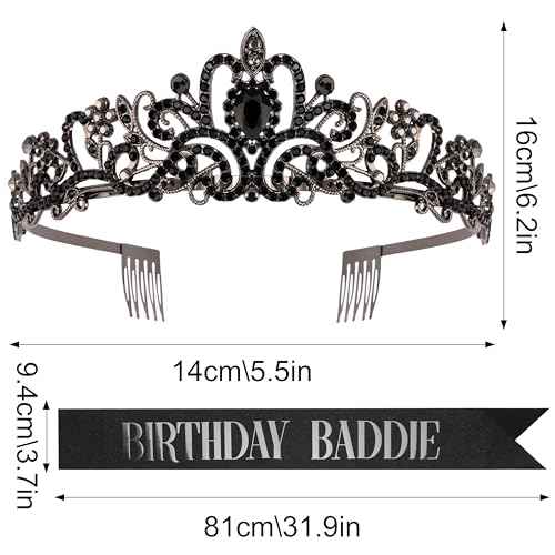 Birthday Baddie Sash and Crown for Women Girls - Black Glitter with Silver Foil Birthday Girl Sash and Crown Funny Birthday Party Favor Supplies