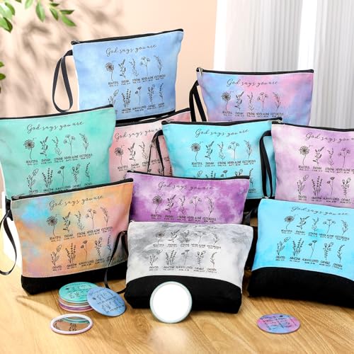 Kacctyen 10 Sets Christian Gift Bulk Christian Makeup Bag Religious Pocket Compact Mirror Inspirational International Women's Day Bible Verse Cosmetic Bag with Zipper for Church Member (Classic)