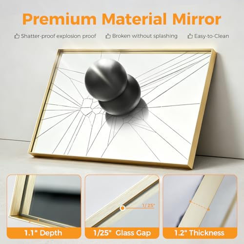 30" x 36" Gold Rectangle Bathroom Mirror with Tempered Glass
