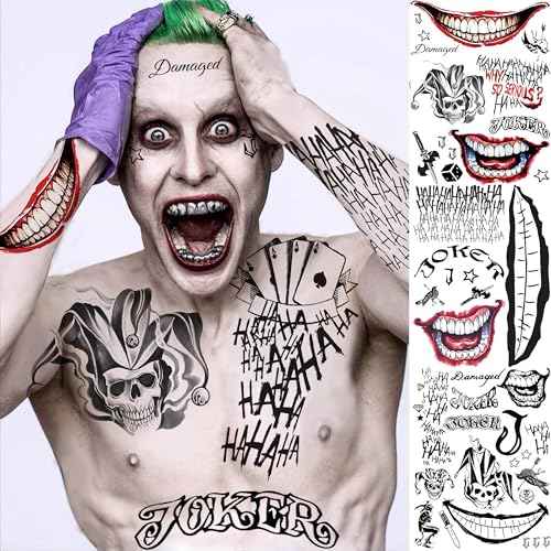 FANRUI 6 Sheets Joker Tattoos Halloween Face Makeup Kit, Temporary Tattoos For Men Women Adults, Smile Face Clown Damaged Tattoo Joker Prisoner Cosplay Costumes And Party Accessories