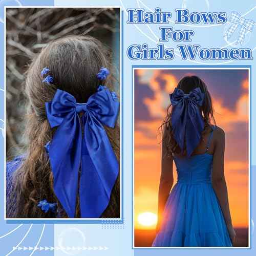 5 Pcs Blue Hair Bows for Women, Silky Satin Large Hair Clips for Girls, Long Tail Hair Ribbon Accessories