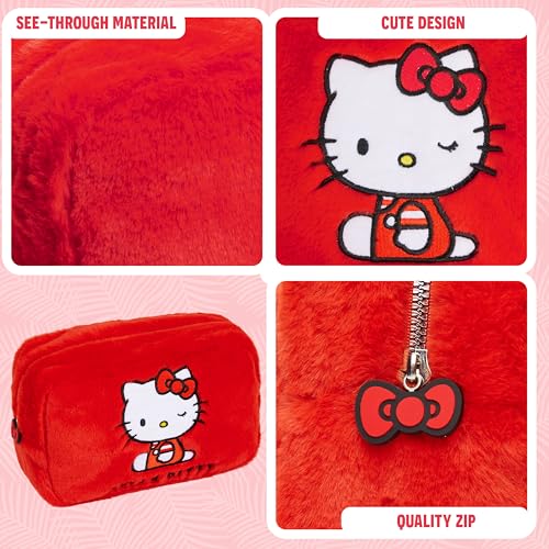 Hello Kitty Cute Makeup Bag Fluffy Kawaii Travel Bag, Zipped Cosmetic Bag Toiletry Bag for Women Teens Girls, Gift for Her