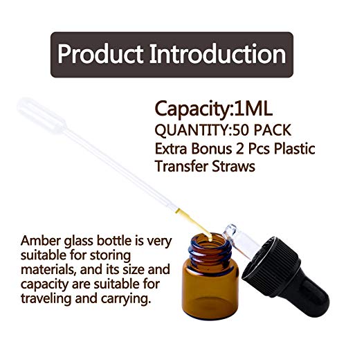 1ml Amber Glass Dropper Bottles, 50 Pack with Caps