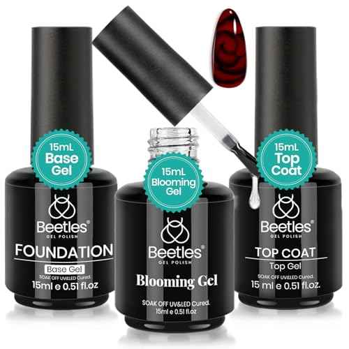 Beetles Blooming Gel & Base Top Coat Set, 3PCS 15ML Shine Finish Long Lasting No Wipe Top Coat Gel Nail Polish Base Spreading Marble Effect Soak off UV LED Nail Art Gifts for Women