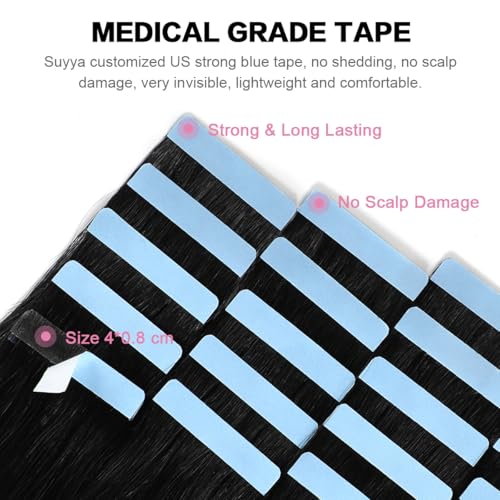 SUYYA Tape In Hair Extensions 20" Remy Human Hair Jet Black